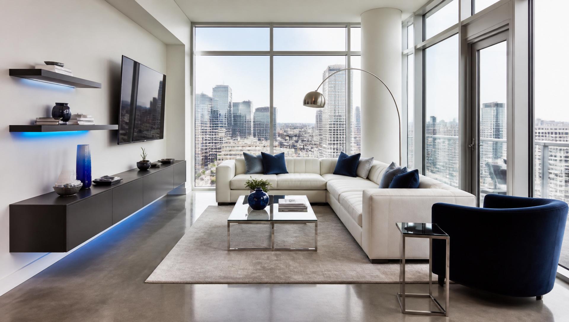 AI-powered smart home interior with holographic cleaning controls